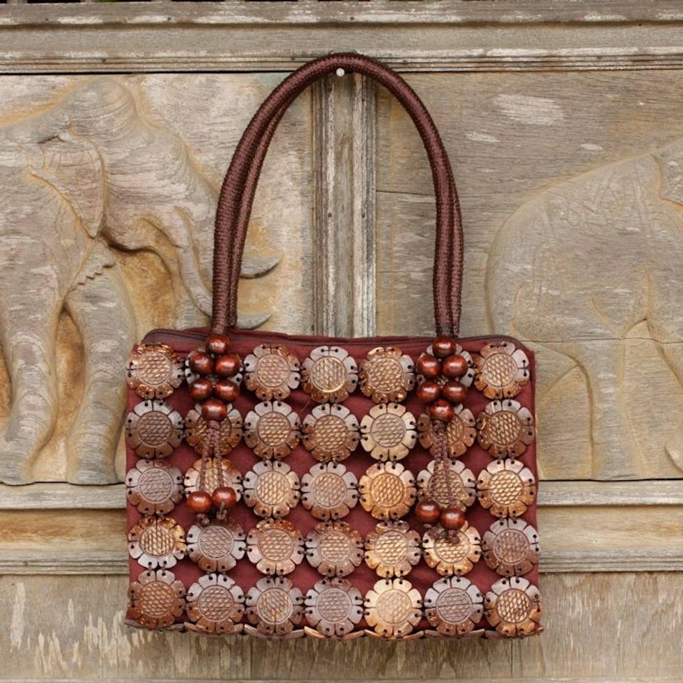 Artisan Crafted Brown Coconut Shell Handbag from Thailand 'Sunflower'