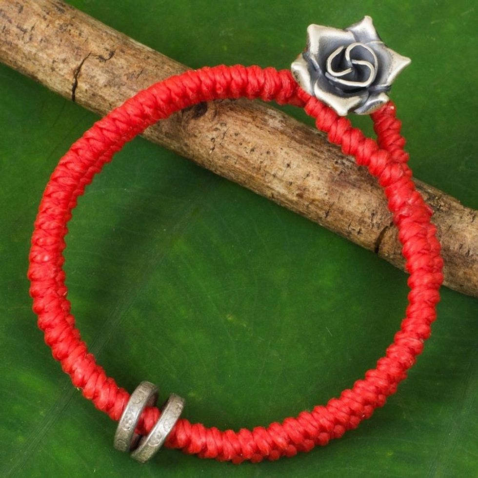 Hill Tribe Silver Rose Clasp on Wristband Bracelet 'Vermillion Rose'
