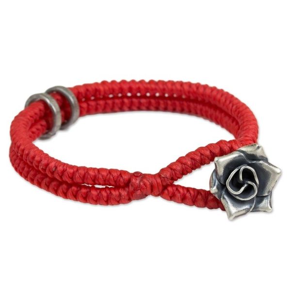 Alternate image for Hill Tribe Silver Rose Clasp on Wristband Bracelet Vermillion Rose