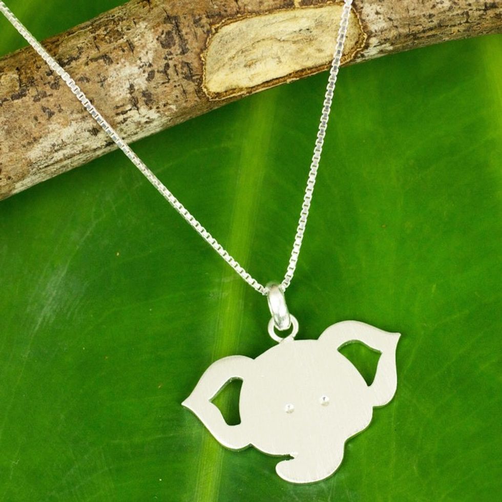 Thai Elephant Pendant Necklace in Brushed Sterling SIlver 'Elephant Baby'