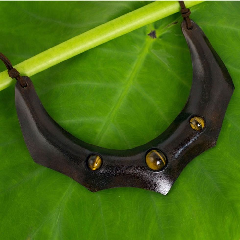 Handmade Leather Necklace with Tiger's Eye Beads 'Natural Flair'