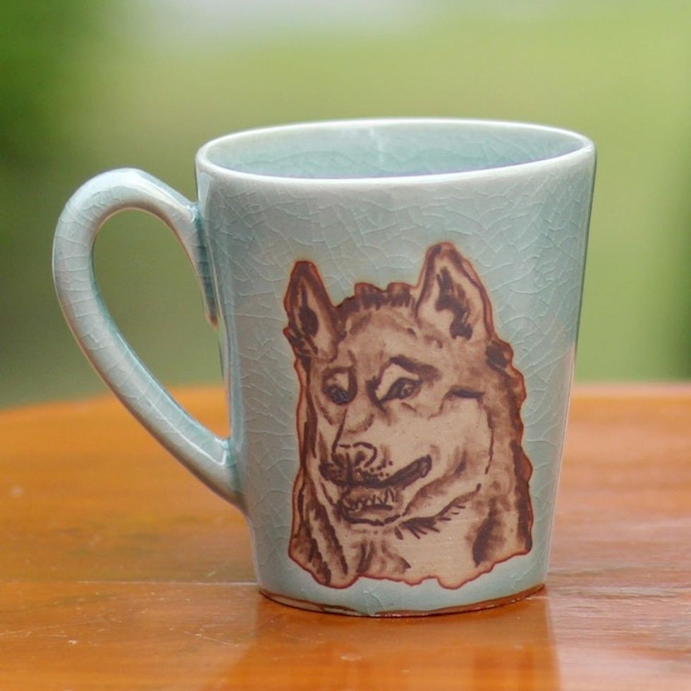 Hand Made Green Celadon Ceramic Painted Thai Wolf Mug 'Lupine Libation'