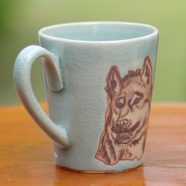 Alternate image for Hand Made Green Celadon Ceramic Painted Thai Wolf Mug Lupine Libation