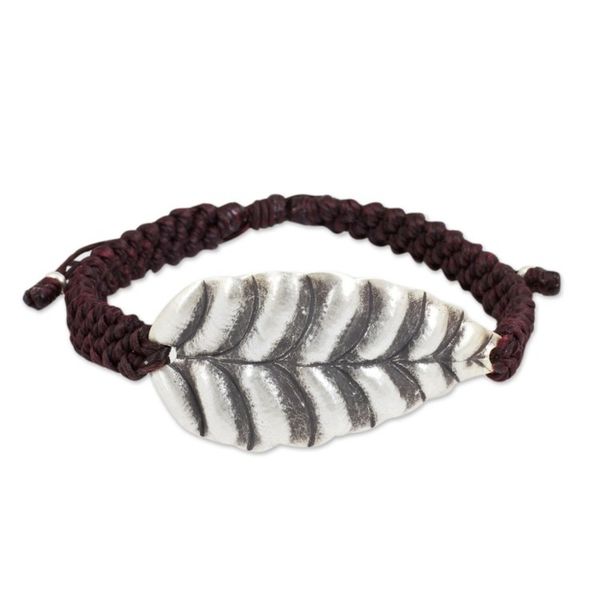 Alternate image for Hill Tribe Jewelry Silver Leaf in Burgundy Cord Bracelet Turn a New Burgundy Leaf