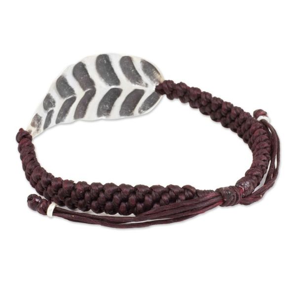 Alternate image for Hill Tribe Jewelry Silver Leaf in Burgundy Cord Bracelet Turn a New Burgundy Leaf