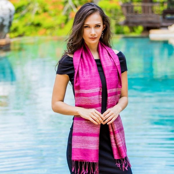 Alternate image for Bright Magenta Hand Spun Silk Scarf from Thailand Magenta Mystery
