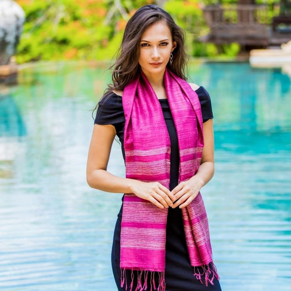 Bright Magenta Hand Spun Silk Scarf from Thailand 'Magenta Mystery'