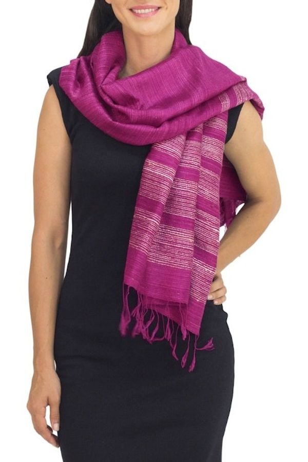 Alternate image for Bright Magenta Hand Spun Silk Scarf from Thailand Magenta Mystery