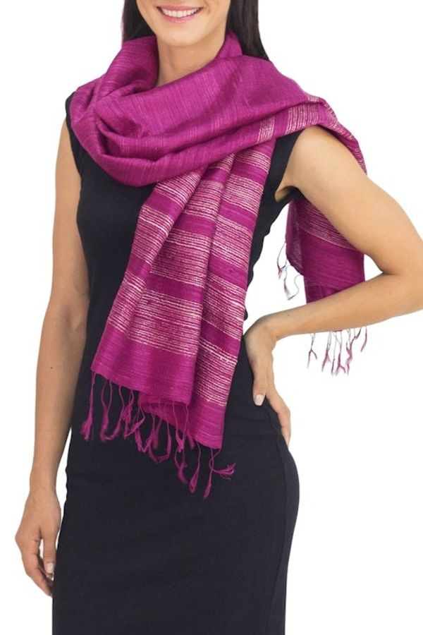 Alternate image for Bright Magenta Hand Spun Silk Scarf from Thailand Magenta Mystery