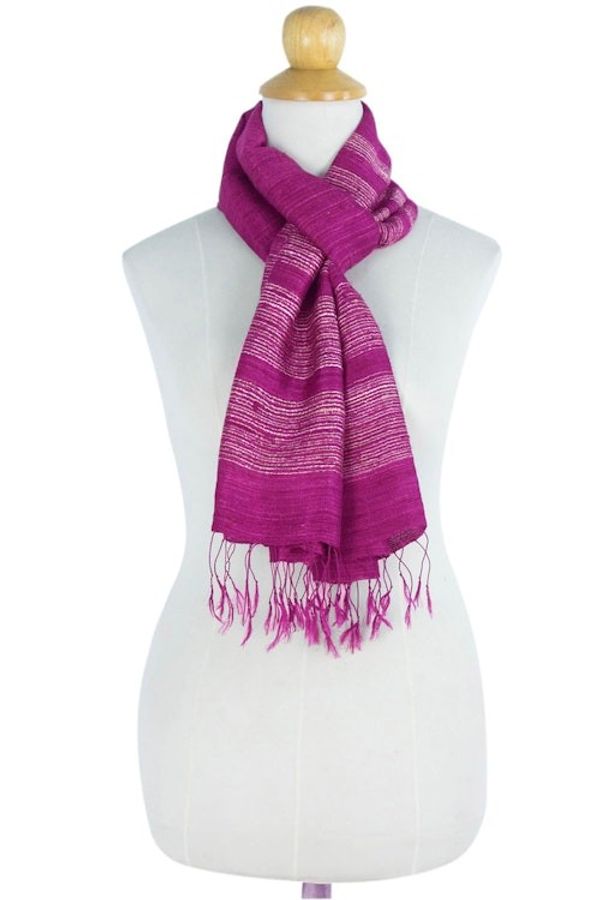Alternate image for Bright Magenta Hand Spun Silk Scarf from Thailand Magenta Mystery