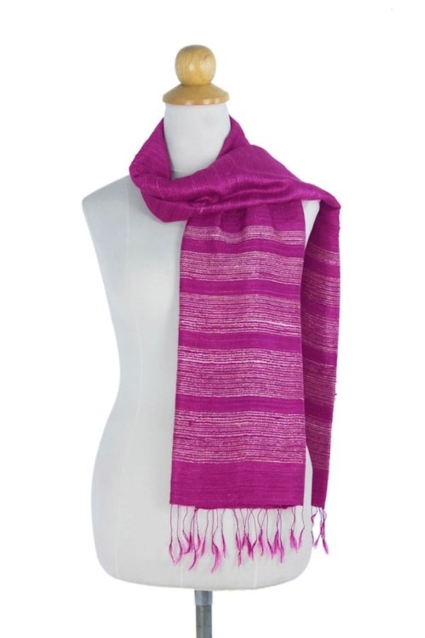 Alternate image for Bright Magenta Hand Spun Silk Scarf from Thailand Magenta Mystery