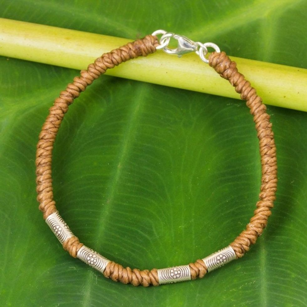 950 Silver Accent Wristband Braided Bracelet from Thailand 'Simply Happy in Tan'