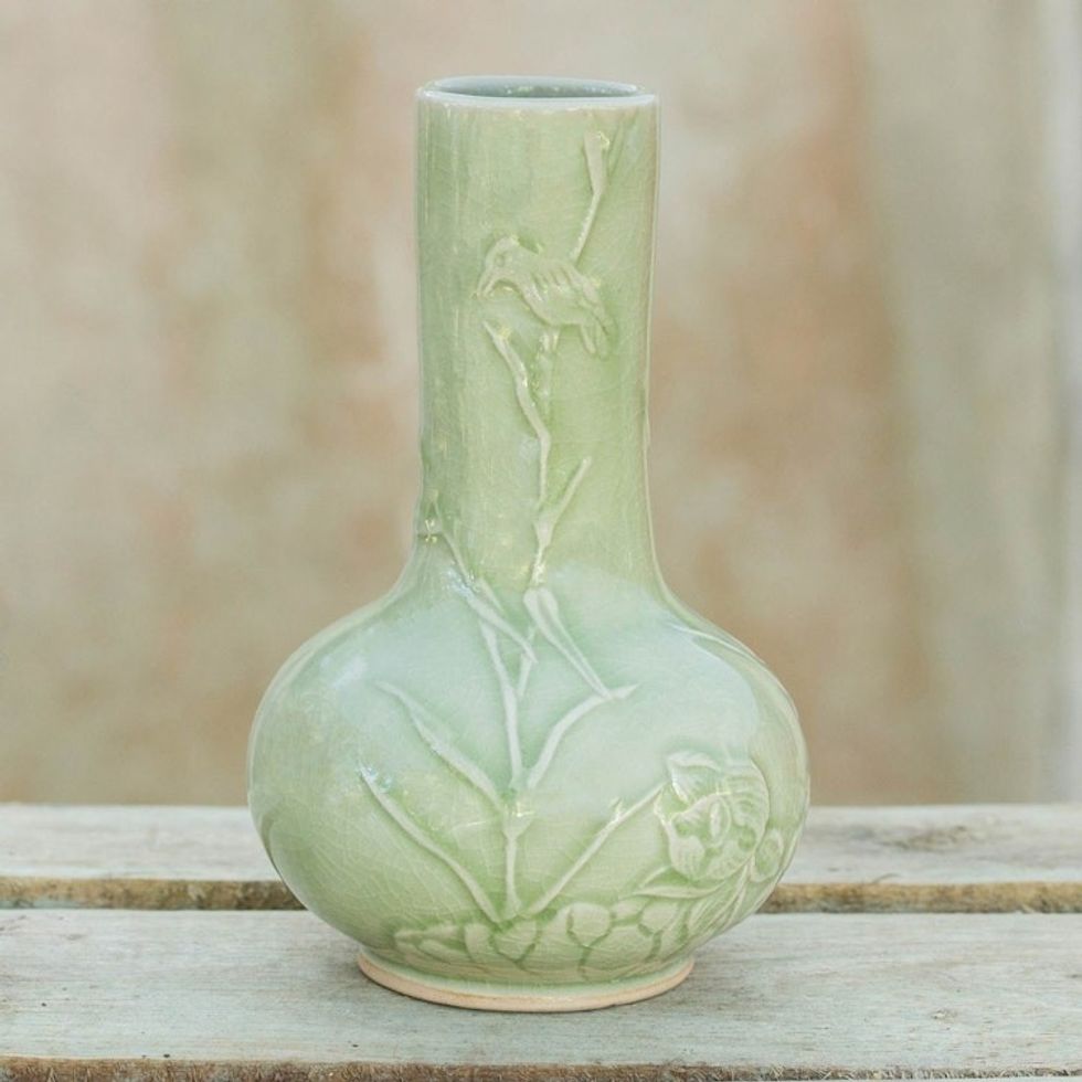 Thai Artisan Crafted Nature Inspired Ceramic Green Vase 'Tranquility'