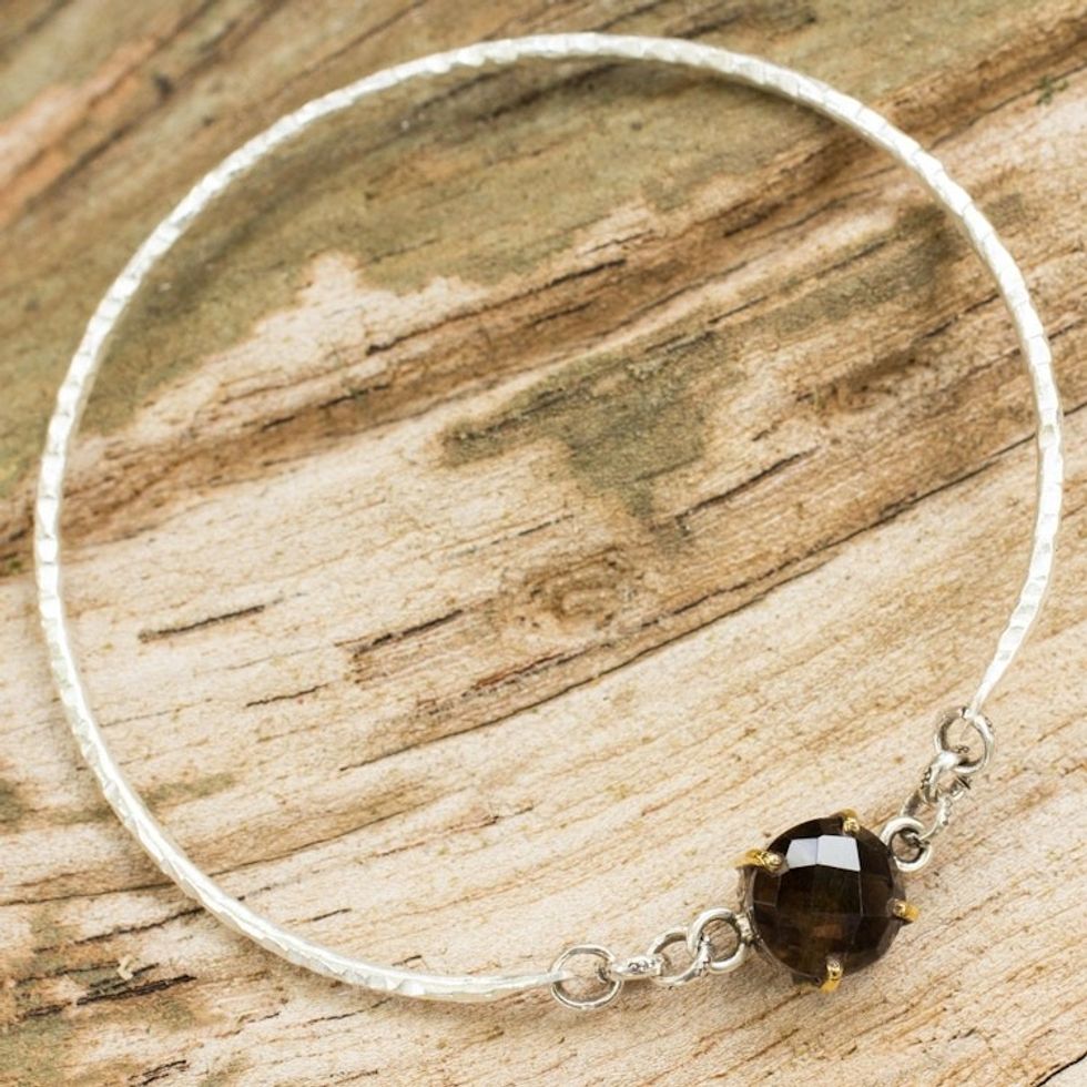 Hand Crafted Smoky Quartz and Sterling Silver Bangle 'Earthy Shimmer'