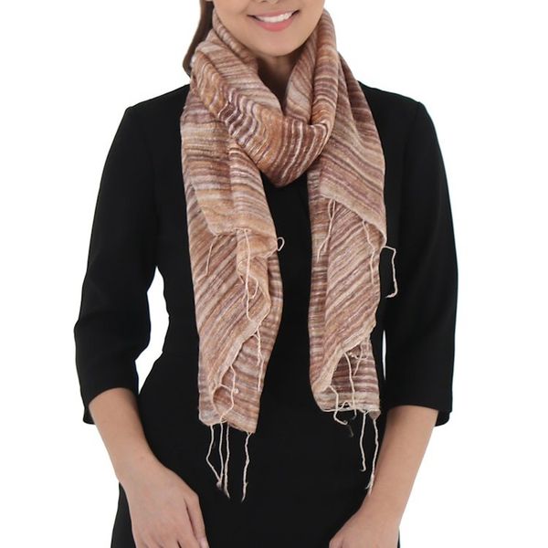 Alternate image for Hand Spun Silk Brown and Orange Scarf from Thailand Brown Iridescence