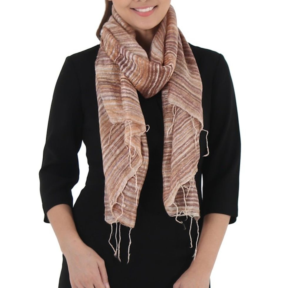 Hand Spun Silk Brown and Orange Scarf from Thailand 'Brown Iridescence'