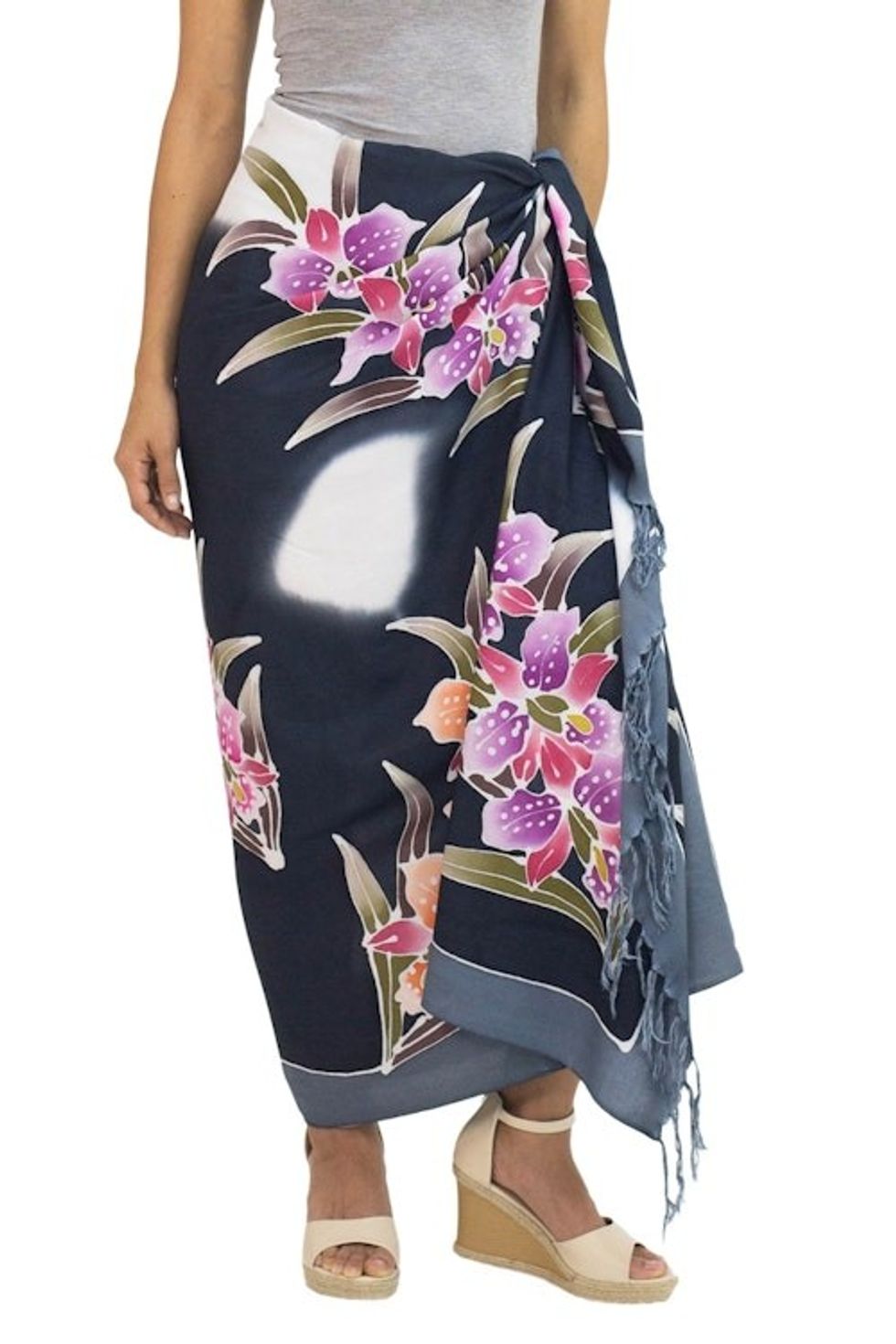 Artisan Crafted Black Rayon Sarong with Floral Motif 'Luminous Orchids'