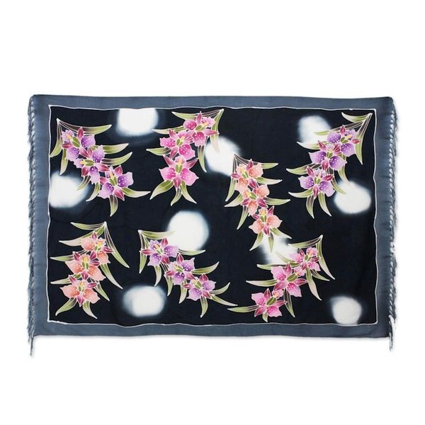 Alternate image for Artisan Crafted Black Rayon Sarong with Floral Motif Luminous Orchids