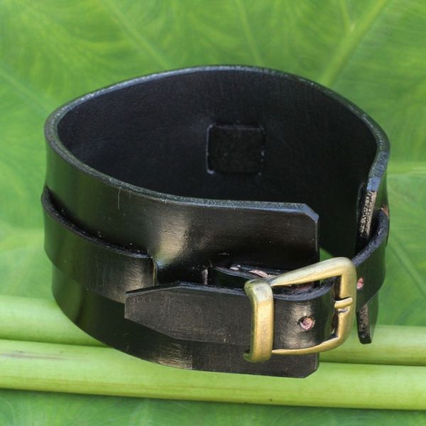 Alternate image for Mens Artisan Crafted Leather Wristband Bracelet Wider Lanna Warrior in Black