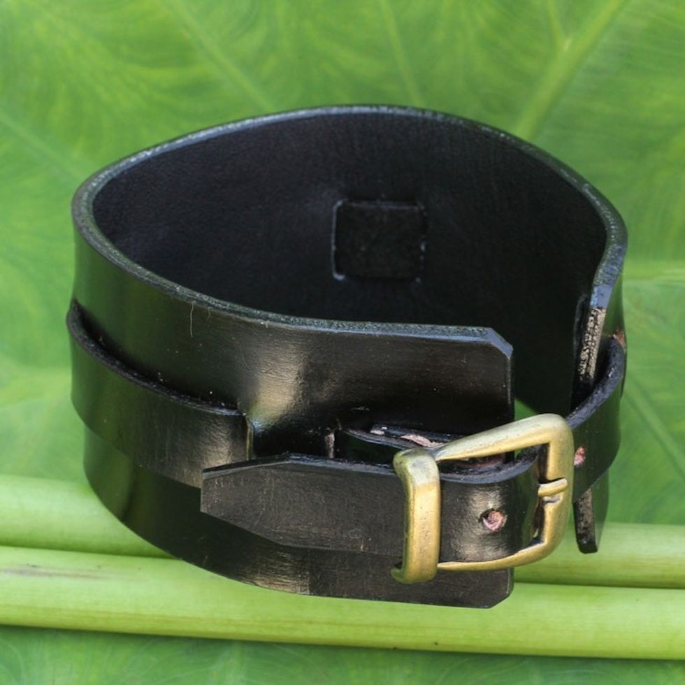 Men's Artisan Crafted Leather Wristband Bracelet 'Wider Lanna Warrior in Black'