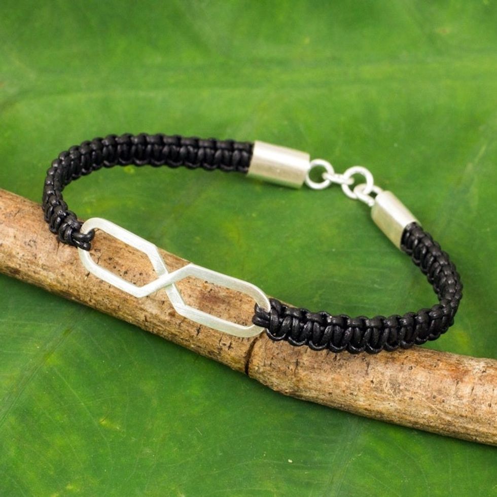 Infinity Symbol Pendant Bracelet on Black Leather Wristband 'Infinite Friendship in Black'