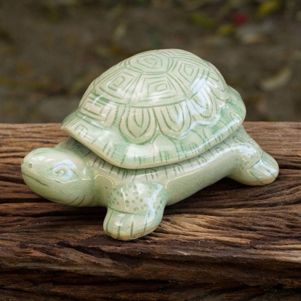 Handcrafted Green Thai Celadon Ceramic Turtle Box 'Green Thai Turtle'