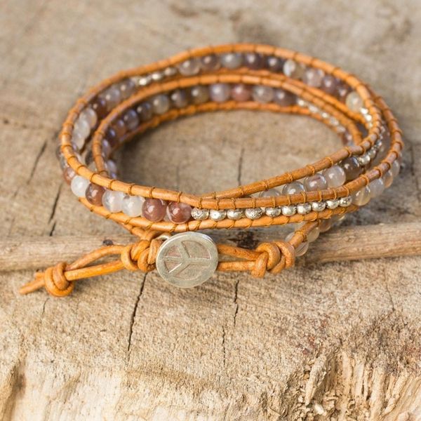 Alternate image for Agate and Leather Wrap Bracelet with Hill Tribe Silver For Peace