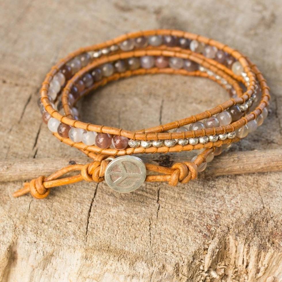 Agate and Leather Wrap Bracelet with Hill Tribe Silver 'For Peace'