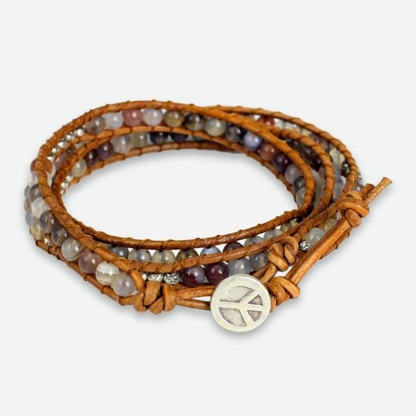 Alternate image for Agate and Leather Wrap Bracelet with Hill Tribe Silver For Peace