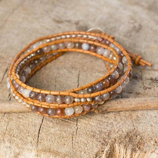 Alternate image for Agate and Leather Wrap Bracelet with Hill Tribe Silver For Peace
