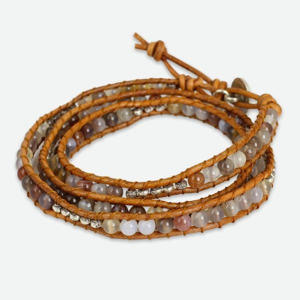 Alternate image for Agate and Leather Wrap Bracelet with Hill Tribe Silver For Peace