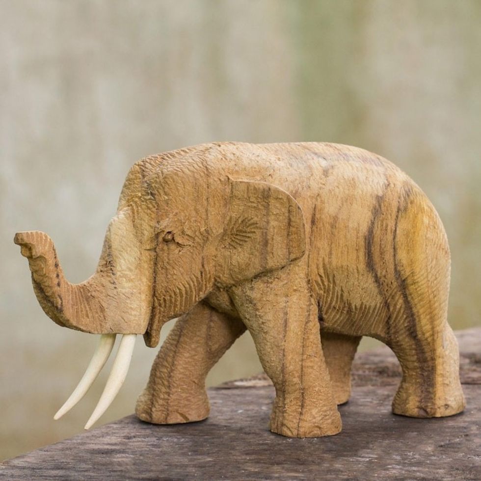 Hand Crafted Rain Tree and Ivory Wood Elephant Statuette 'Blissful Day'