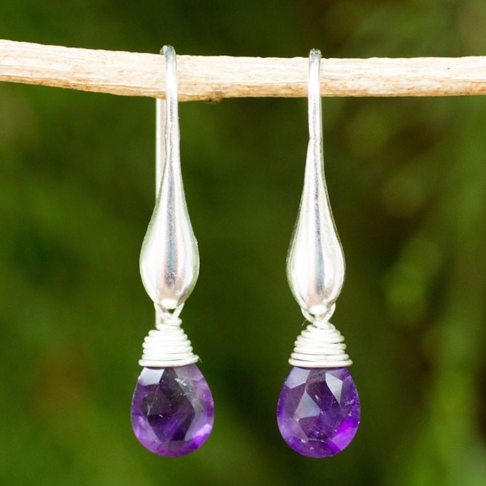 Matte Finish Sterling Silver and Amethyst Dangle Earrings 'Sophisticated Purple'