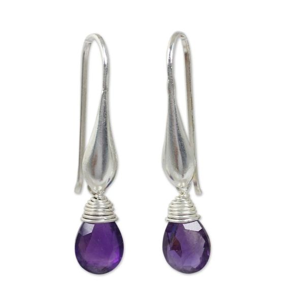 Alternate image for Matte Finish Sterling Silver and Amethyst Dangle Earrings Sophisticated Purple