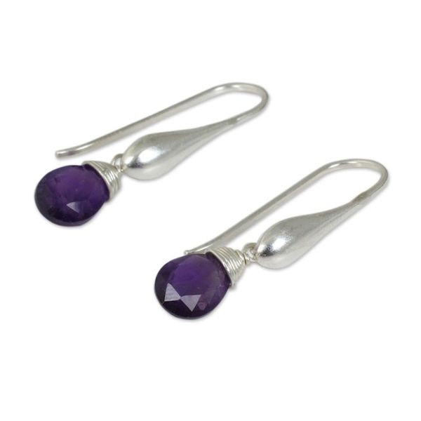 Alternate image for Matte Finish Sterling Silver and Amethyst Dangle Earrings Sophisticated Purple