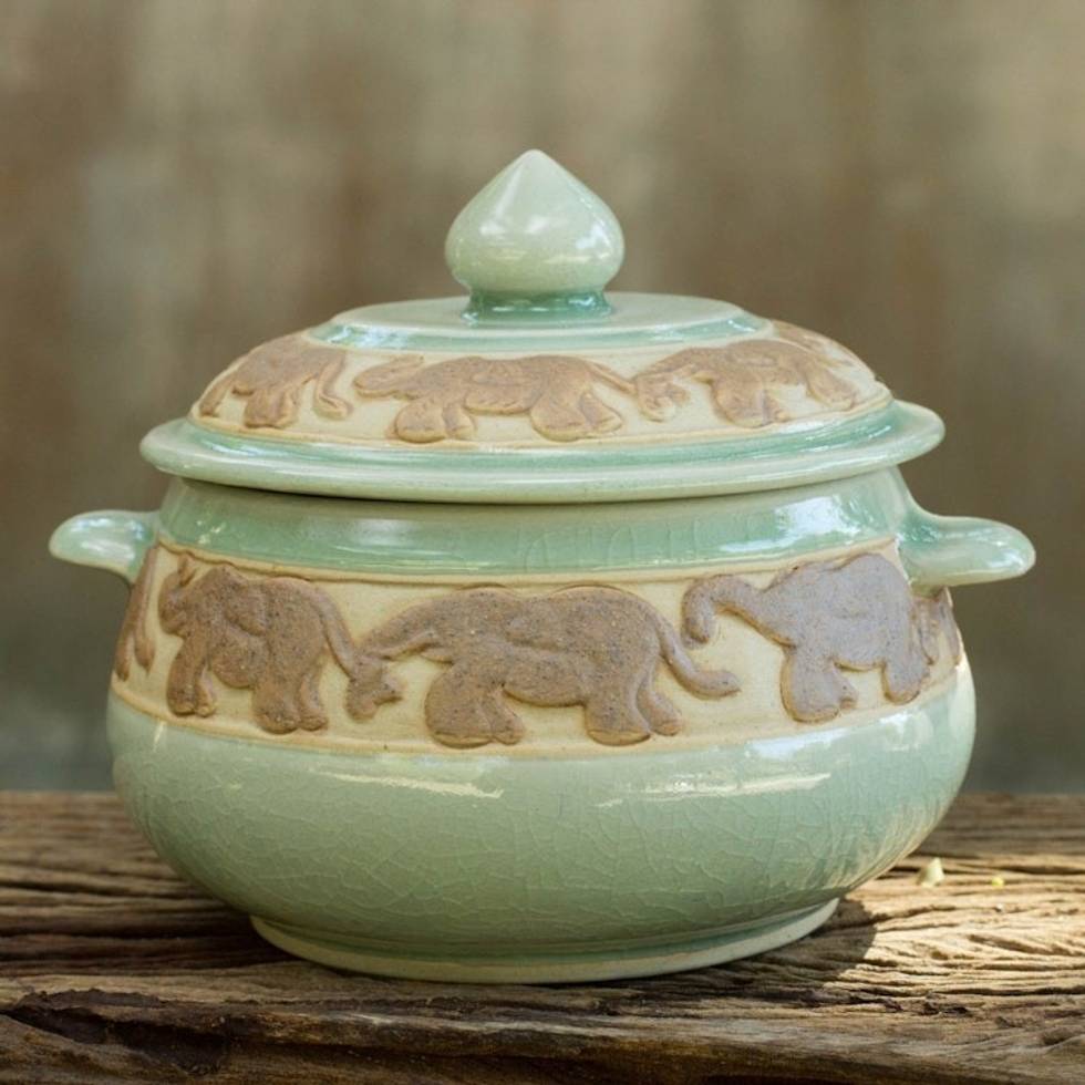 Handcrafted Green Celadon Covered Bowl from Thailand 'Green Elephant Walk'