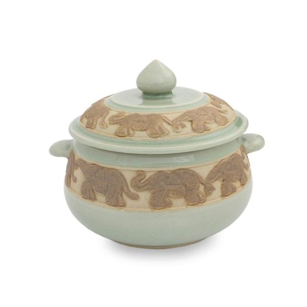 Alternate image for Handcrafted Green Celadon Covered Bowl from Thailand Green Elephant Walk