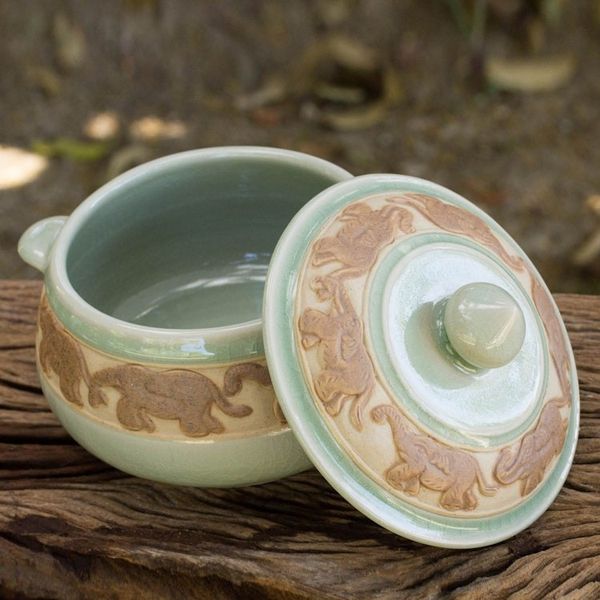 Alternate image for Handcrafted Green Celadon Covered Bowl from Thailand Green Elephant Walk