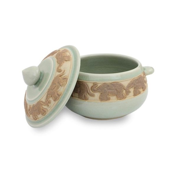 Alternate image for Handcrafted Green Celadon Covered Bowl from Thailand Green Elephant Walk