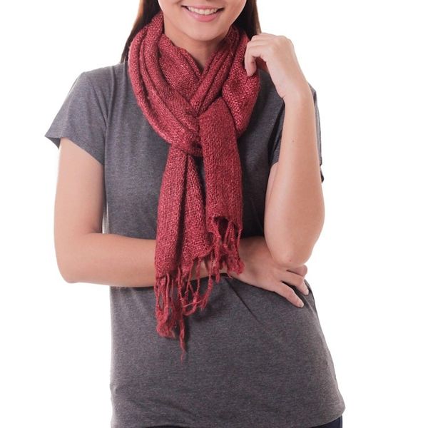 Alternate image for Artisan Crafted Rose Pink Woven Silk Scarf with Fringe Essential Rose