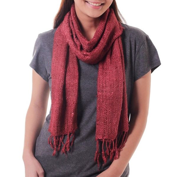 Alternate image for Artisan Crafted Rose Pink Woven Silk Scarf with Fringe Essential Rose