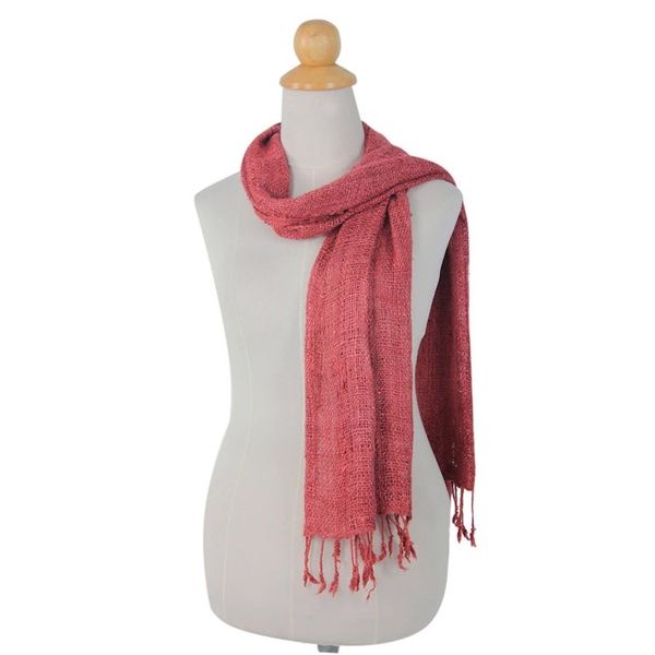 Alternate image for Artisan Crafted Rose Pink Woven Silk Scarf with Fringe Essential Rose