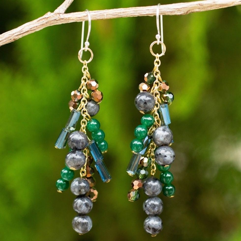 Waterfall Style Earrings with Labradorite and Quartz Beads 'Brilliant Cascade'