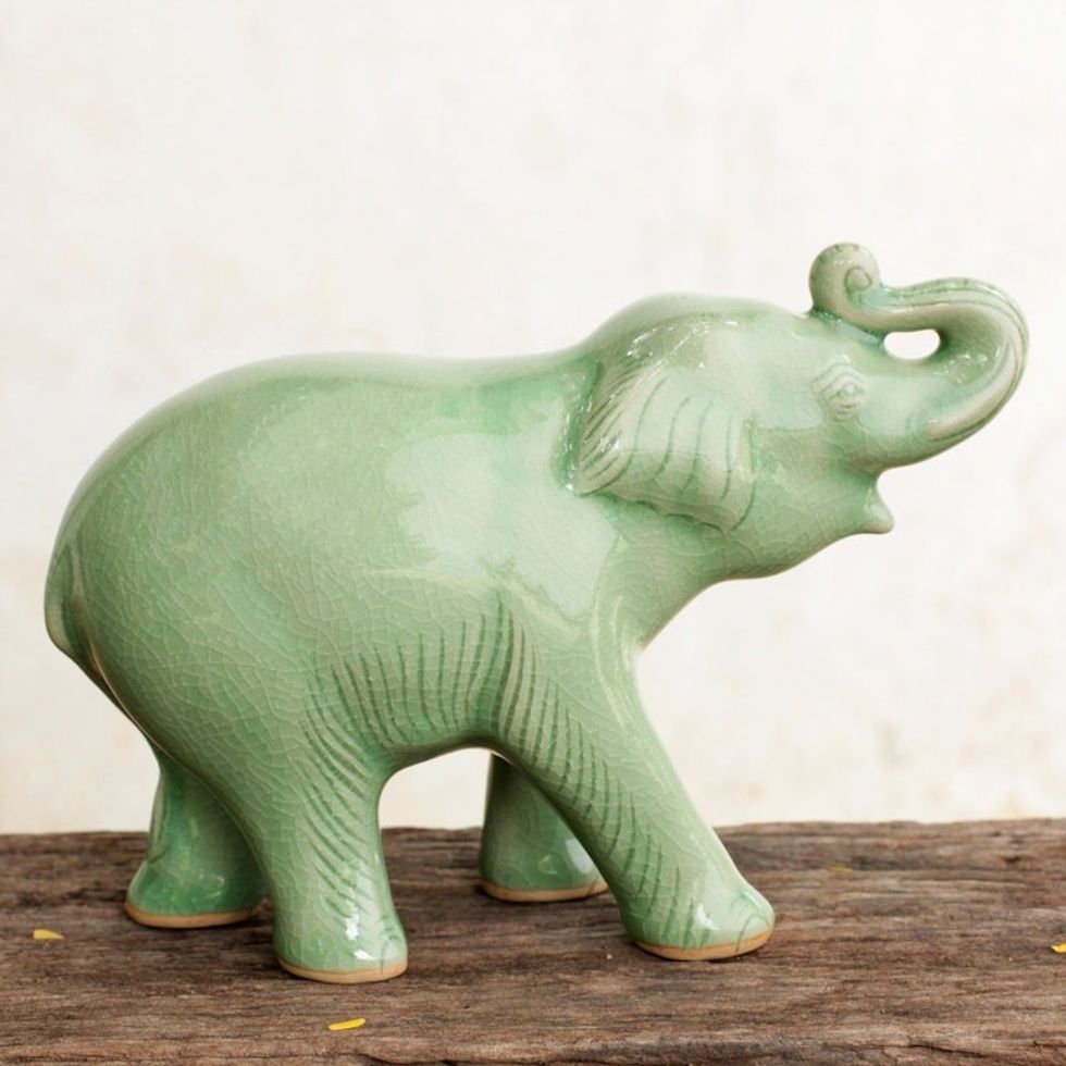 Thai Artisan Crafted Celadon Ceramic Elephant Figurine 'Laughing Elephant'