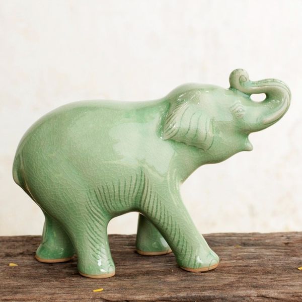 Alternate image for Thai Artisan Crafted Celadon Ceramic Elephant Figurine Laughing Elephant