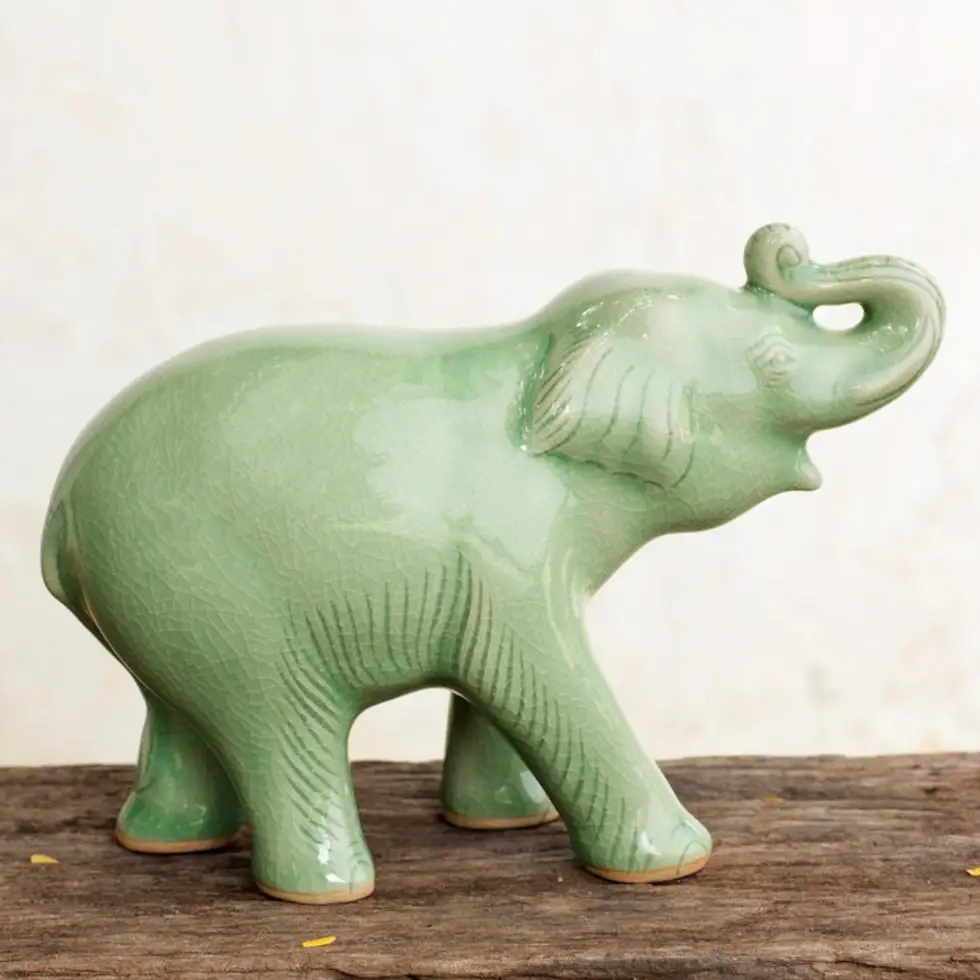Thai Artisan Crafted Celadon Ceramic Elephant Figurine 'Laughing Elephant'