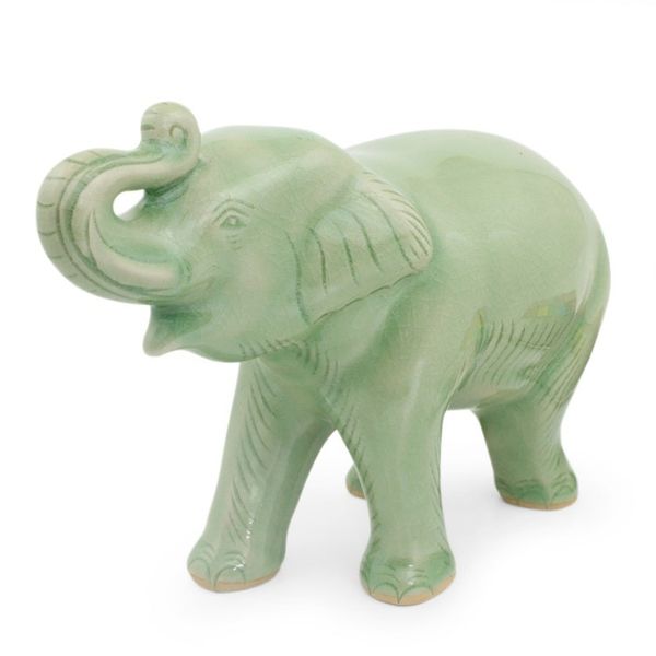 Alternate image for Thai Artisan Crafted Celadon Ceramic Elephant Figurine Laughing Elephant