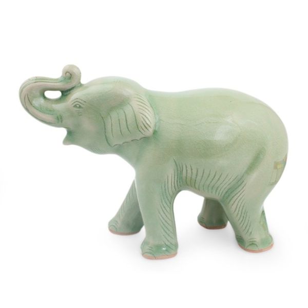 Alternate image for Thai Artisan Crafted Celadon Ceramic Elephant Figurine Laughing Elephant