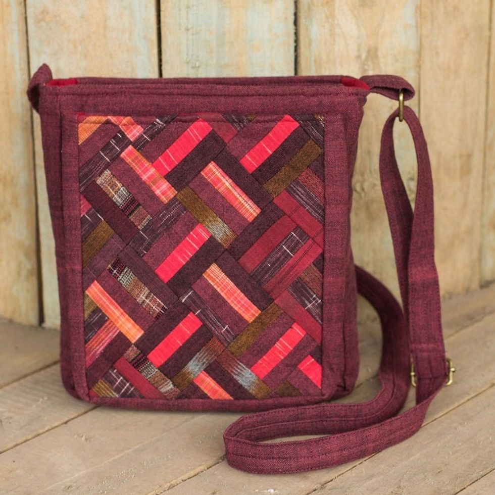 Thai Applique Red Cotton Shoulder Bag with 3 Pockets 'Red Siam'
