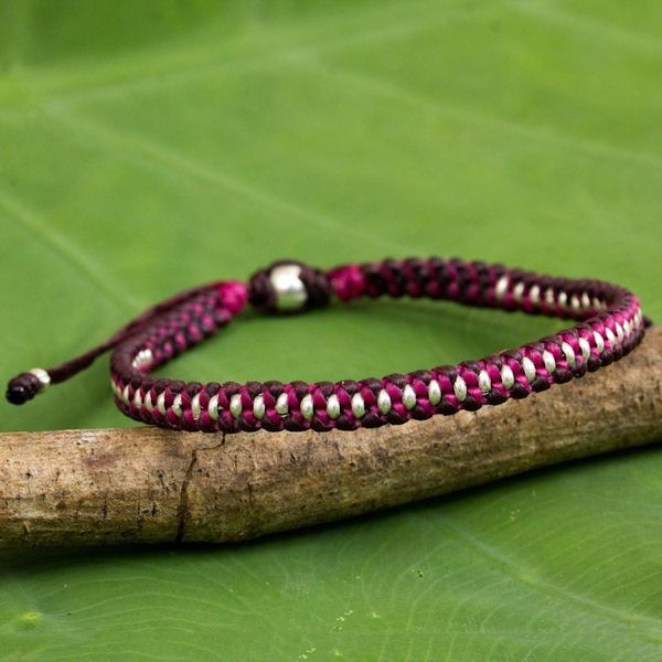 Alternate image for Artisan Crafted Braided Bracelet with Silver Beads Bringing Friendship in Magenta